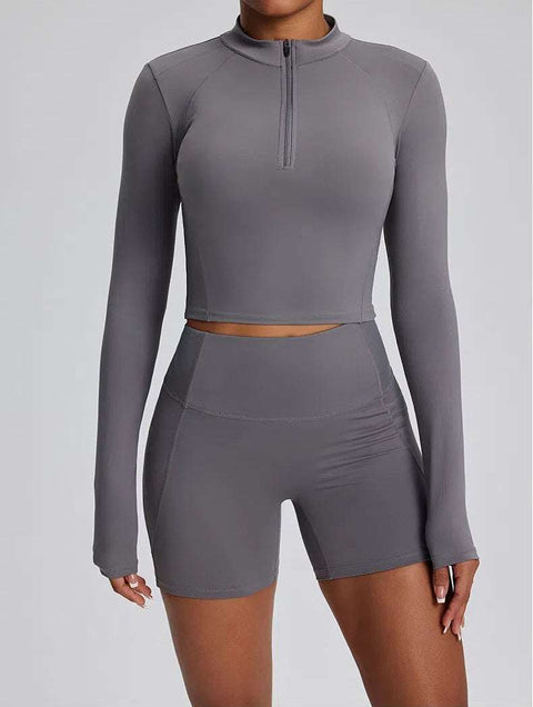 High Waist Fitness Set With Long Sleeve Shirt & Short