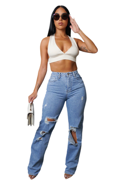 Ashley Ripped Denim High Waisted Jeans with Stud Detail