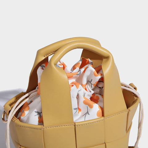 Leather Woven Bucket Tote Bag with Drawstring Zip Closure