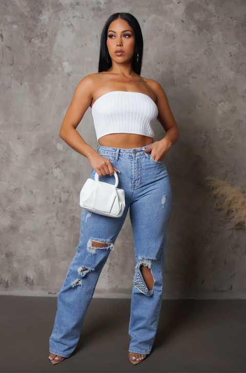 Ashley Ripped Denim High Waisted Jeans with Stud Detail